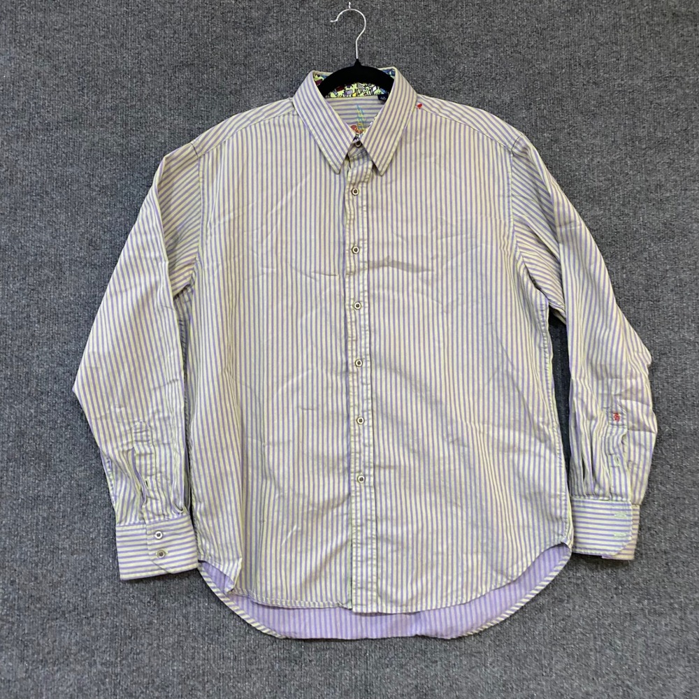 Robert Graham Mens Large Purple Lime Green Striped Long Sleeve Button Down Shirt